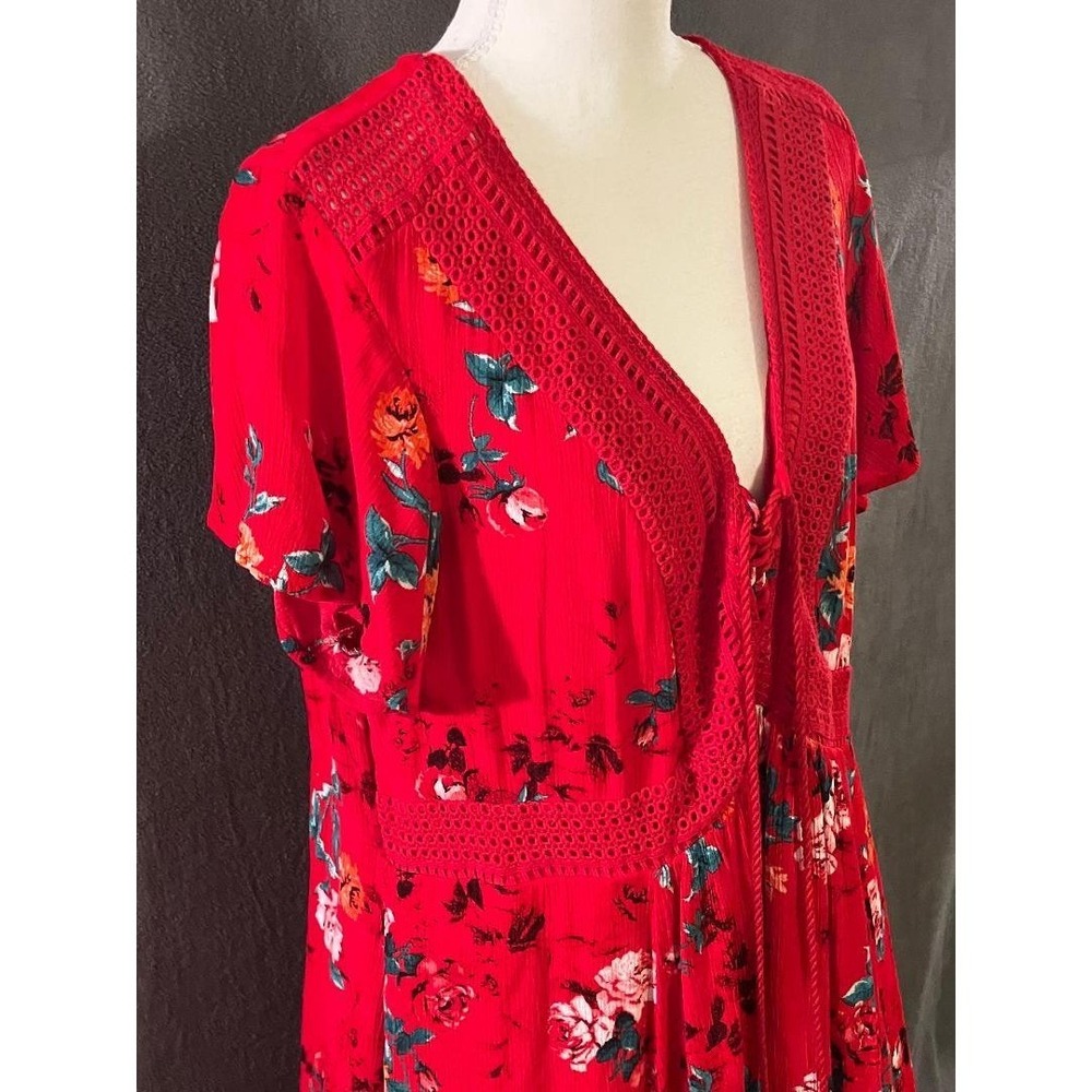 Torrid Women's 3X Red Floral Boho Flutter Sleeve Lace Up Eyelet Neck Dress Lined - Picture 2 of 9